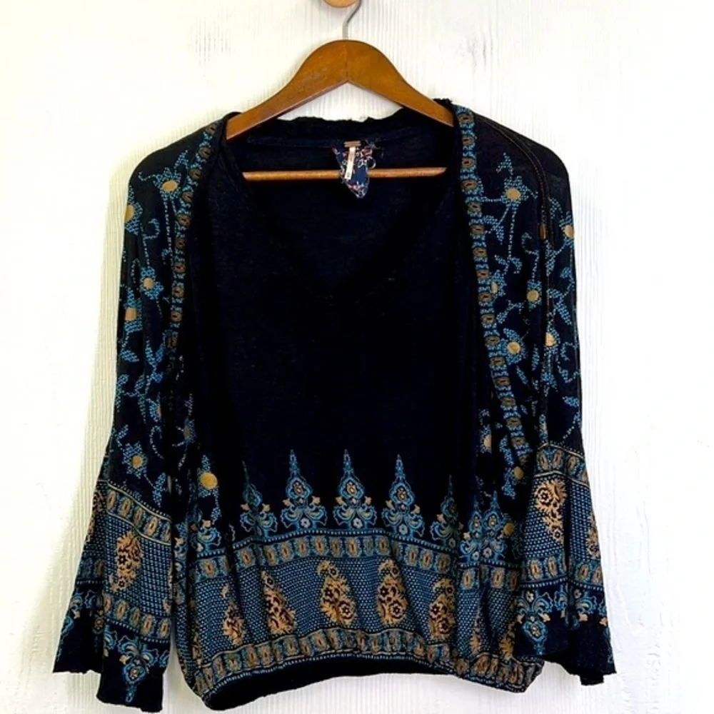 Free People - Black And Gold Medallion Peasant Boho Blouse Size XS